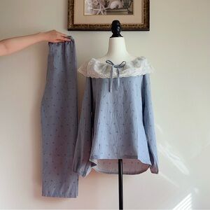 NEW! ✨Cozy Light Blue Bow Print Pajama Set w/ Large Statement Lace Collar